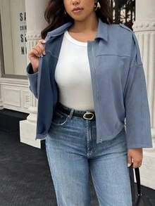 Easura Plus Size Women's Solid Color Long Sleeve Zip-Up Casual Jacket, Autumn - Dusty Blue - View 6