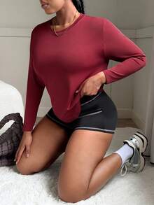 SHEIN Sports 大码女式无缝宽松长袖运动服 - 酒紅色 - 查看 6