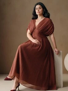Anewsta Plus Size Women Summer V-Neck Sleeveless Ruched Waist Dress, Suitable For Beach Vacation - Brown - View 1