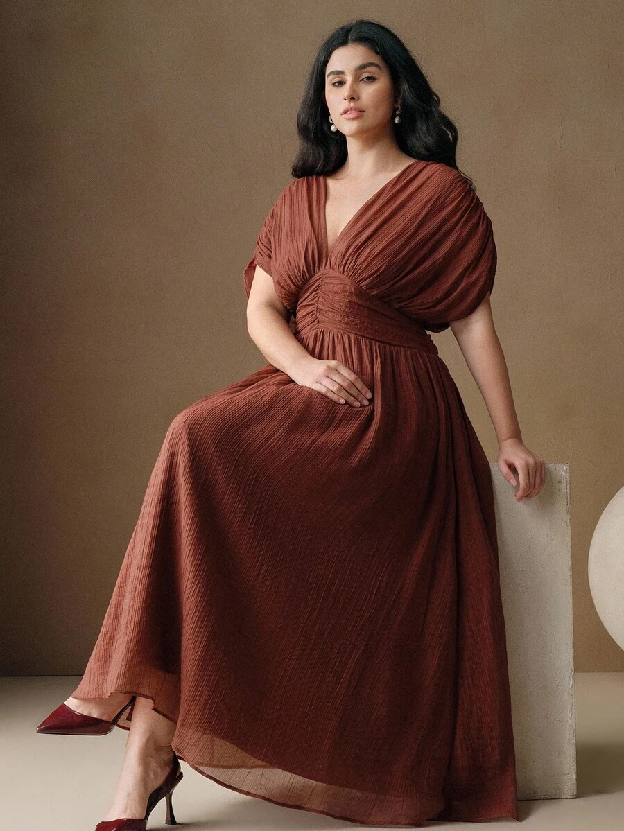 Anewsta Plus Size Women Summer V-Neck Sleeveless Ruched Waist Dress, Suitable For Beach Vacation - Brown - View 1