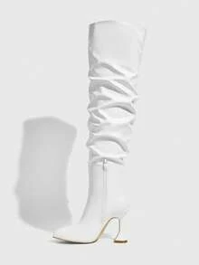 Daringsoles 女式尖头性感 PU 皮革过膝长靴，秋冬拉链侧褶白色靴子 - 白色 - 查看 11