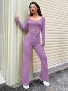 SHEIN Unity 2件纯色长袖上衣和裤子套装，休闲秋季服装 - 紫色 - 查看 5