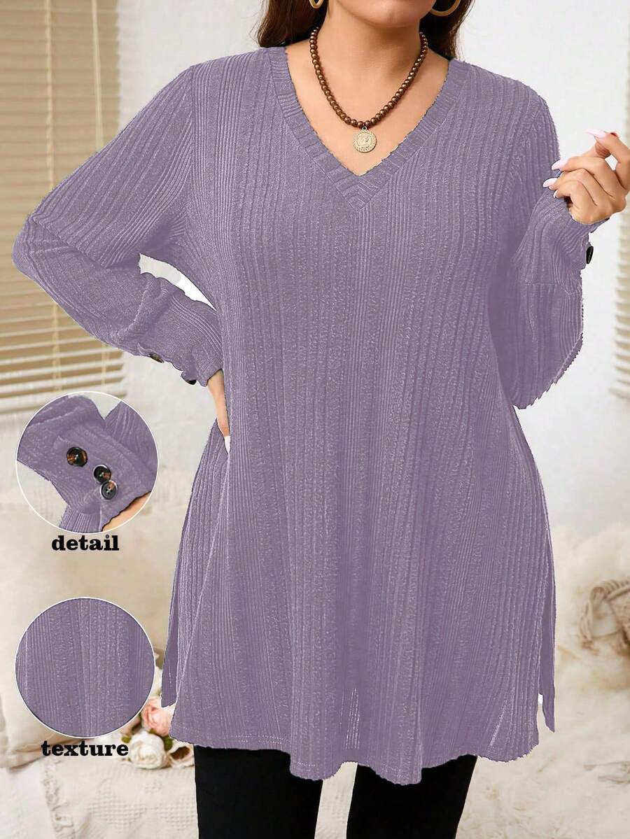 EMERY ROSE Camiseta casual holgada de mujer de talla grande con cuello en V, manga larga y diseño de botones acanalados de unicolor - Morado - Ver 1