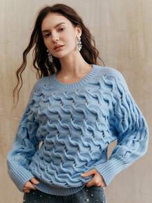 Anewsta Elegant Merino Wool Hollow Out Cable Knit Crew Neck Long Sleeve Sweater For Women, Suitable For Fall, Winter, Spring, New Year, Party, Wedding - Blue - View 5