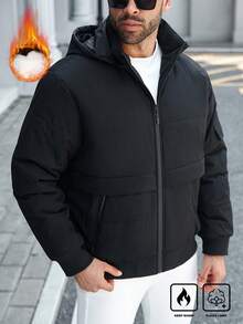 Manfinity Homme 加大码男士长袖休闲日常简约纯色拉链连帽羽绒服，冬季/秋季 - 黑色 - 查看 6