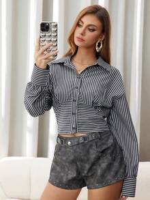 SHEIN Unity 条纹腰部收紧长袖女式长衬衫 - 灰色 - 查看 3