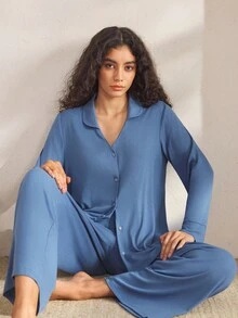 Ocili Damen Einfarbiges Langarm Einreihiges Top und Hose Pyjama Set, Winterkleidung - Blau - Übersicht 7