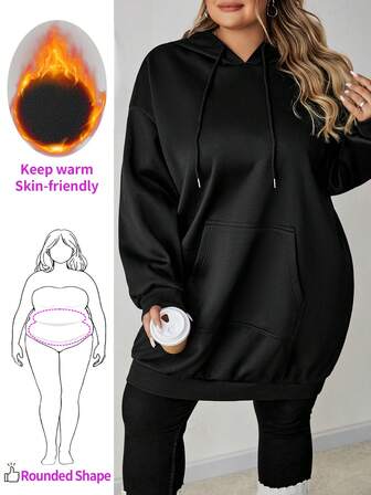 Enliva sweat-shirt à capuche long pour femmes grandes tailles, avec détail de poche, doublure thermique, manches longues, coupe ample, pour l'hiver, l'automne