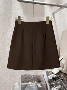 Franclia Women's Minimalist Button Decor Flap Detail Skirt, Spring/Summer - Brown - View 2