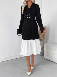 SHEIN LUNE Farbblockkleid mit Doppelreiher, Rüschensaum und eleganten Langärmeln - Schwarz und Weiss - Übersicht 3