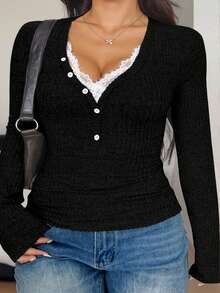 Vibekara Áo len cổ chữ V, tay dài, thêu ren, trang trí nút, size lớn, thường ngày dành cho nữ, thời trang thu đông - màu đen - Xem 1