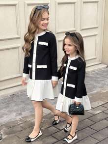 SHEIN Serisse Kids 青少年女孩黑白拼色珍珠纽扣拼布白色下摆连衣裙 - 黑與白 - 查看 1