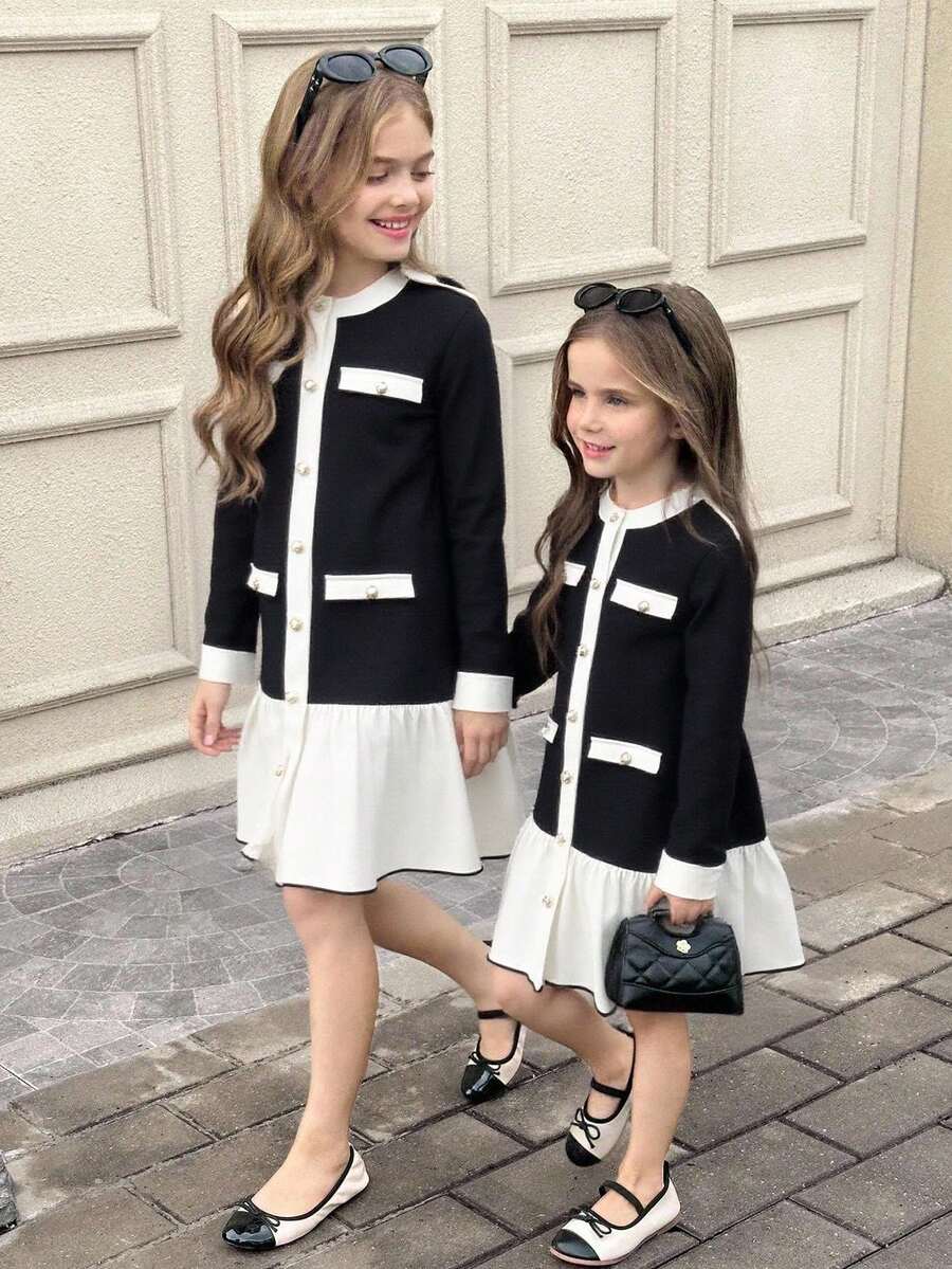 SHEIN Serisse Kids 青少年女孩黑白拼色珍珠纽扣拼布白色下摆连衣裙 - 黑與白 - 查看 1