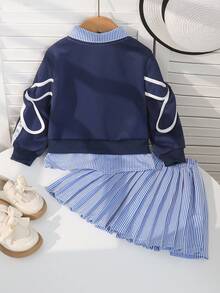 SHEIN 4-7 Years Old Girls Autumn/Winter Fashion Striped Collar V-Neck Long Sleeve Sweatshirt & Blue-White Striped Pleated Skirt 2 Piece Set - Navy Blue - View 3