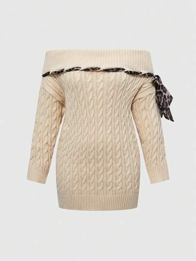 Grunge Punk Suéter holgado de talla grande con estampado de leopardo vintage, con lazo y hombros descubiertos