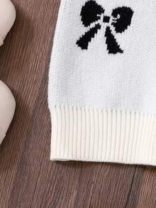 Girls' Snug Fit Black And White Jacquard Bow Decor Sweater Dress,Cute Autumn French Style,Back-To-School Party Clothes For Girls,Family Matching - White - View 6