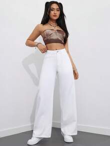 SHEIN ICON 大码女式休闲度假棕色无弹力直筒牛仔裤 - 白色 - 查看 5