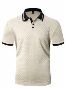 EGENSIO Áo thun polo dệt kim họa tiết Hy Lạp tương phản, thường ngày mùa hè dành cho nam cỡ lớn - Màu be - Xem 5