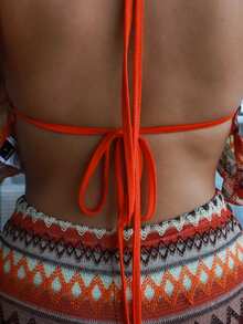 SILVIA DI SANTO Set de 2 piezas para mujer con top de escote halter sin mangas de color contrastante y shorts con volantes en el dobladillo, conjunto de verano - Multicolor - Ver 5