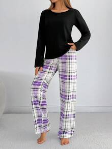 EURMUSE Plaid Pajama Set – Cozy Black Long Sleeve Top & Purple Check Pants Loungewear - Purple - View 4