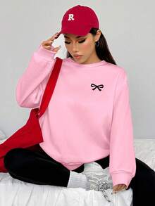 SHEIN EZwear 2pcs/Set Pink Casual Loose Crew Neck Sweatshirt And Skinny Leggings Pants, Bow Logo, Streetwear, Vintage, Back To School, Retro, Autumn/Winter Women Casual Outfits, School Clothes, Country, Hip-Hop, Streetwear, Sports, Fitness, Gym,Fall,Fall Clothes For Women Graphic