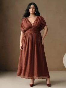 Anewsta Plus Size Women Summer V-Neck Sleeveless Ruched Waist Dress, Suitable For Beach Vacation - Brown - View 4