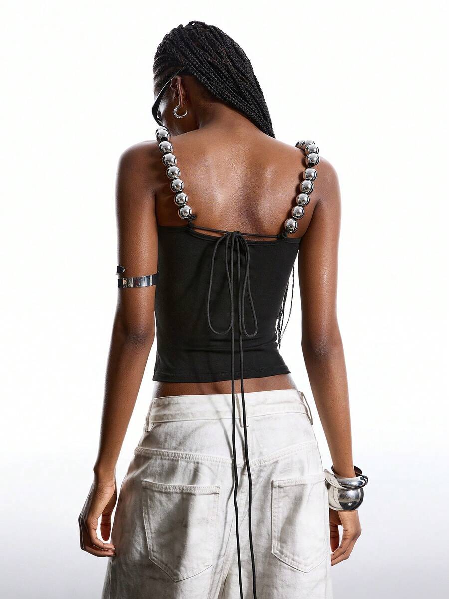LYSMO 2025新款极简主义冬季女式串珠系带修身吊带背心，适合外出、街头风、斯德哥尔摩风格，打造冬季新年和圣诞节造型。 - 黑色 - 查看 1