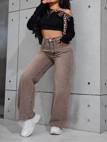 SHEIN ICON 大码女式高腰口袋阔腿复古牛仔裤 - 咖啡棕 - 查看 6