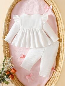 新生女婴白色圆领可爱蝴蝶结长袖衬衫和裤子时尚优雅，面料舒适，适合居家和户外活动 - 白色 - 查看 3