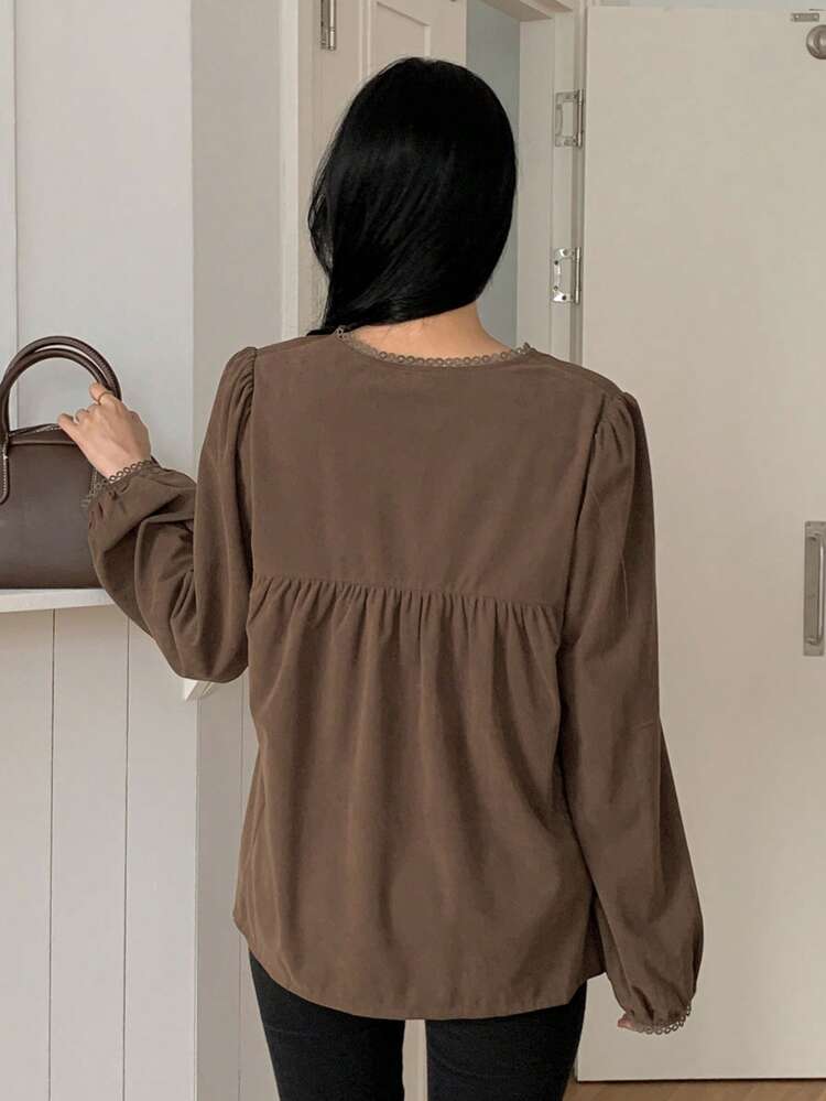 Solid Color Loose Lace Trim Long Sleeve Elegant Resort Blouse For Women, Autumn/Winter