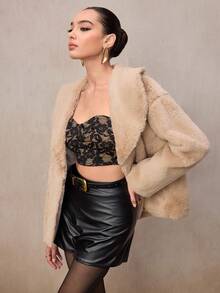 NOVVYNE 女士时尚高品质仿皮草宽松卡其色冬季夹克 - 卡其色 - 查看 5