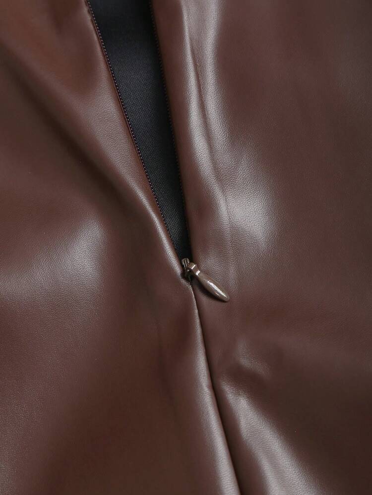 Sweetra Saia Longa Casual Elegante de Couro PU Estilo A-Line, Decoração com Fivela de Metal, Marrom, Mulheres - Castanho - Visão 5