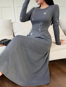Feyla 女士时尚通勤长款水晶装饰连衣裙 - 深灰色 - 查看 5