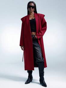 GENKIRA 酒红色个性长袖超大肩廓形宽松版型短款腰带收腰风衣风中长款女士西装外套 - 紅色 - 查看 3