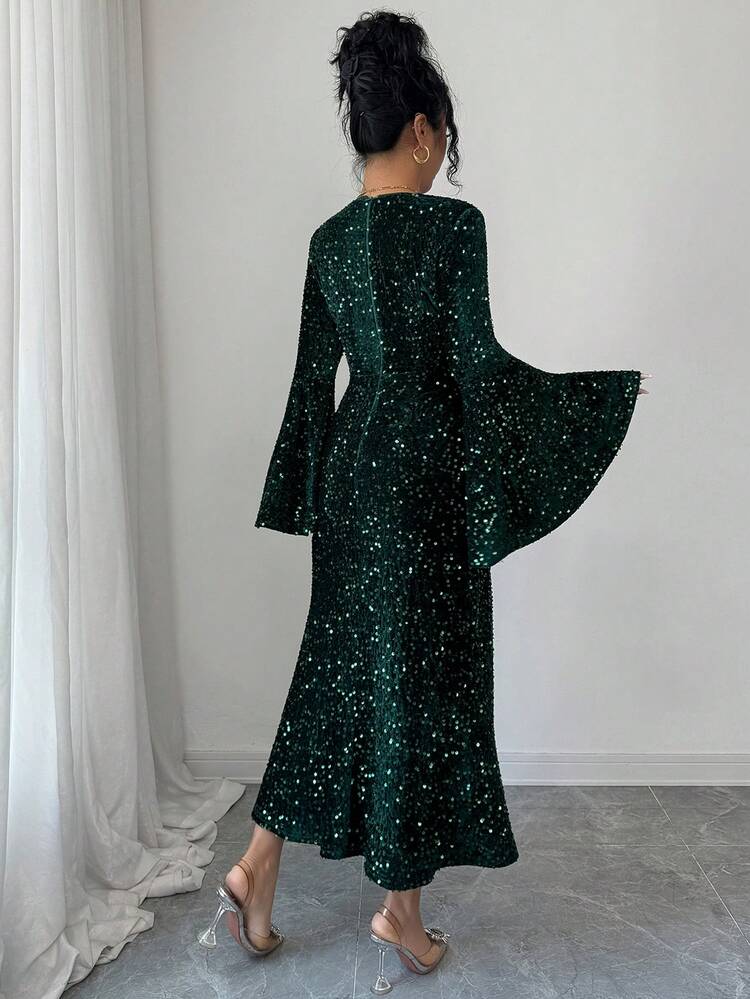 Women's Elegant Sequin Flare Sleeve Mermaid Midi Dress, Autumn Prom Dress Carnival Sparkly Dress