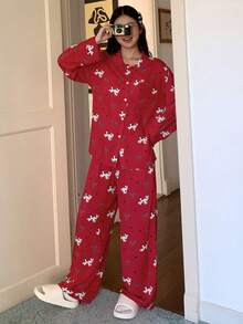 DAZY Cute Cat Print Loose Women Pajama Set, Christmas, Fall & Winter Clothes - Red - View 2