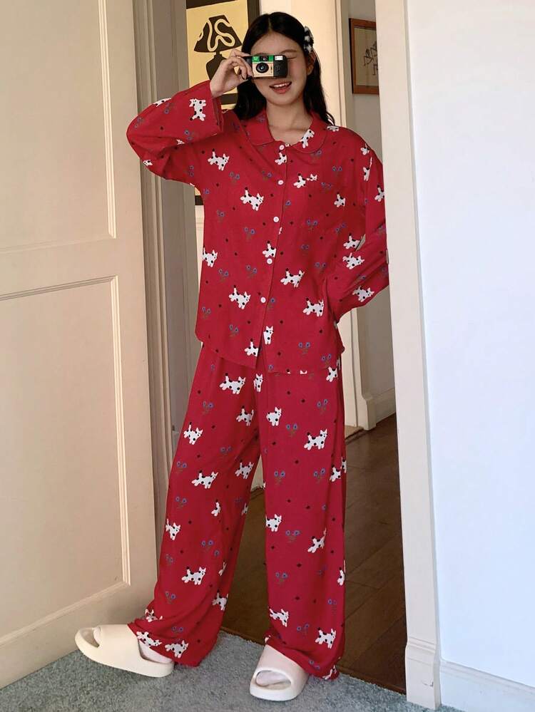 Cute Cat Print Loose Women Pajama Set, Christmas, Fall & Winter Clothes
