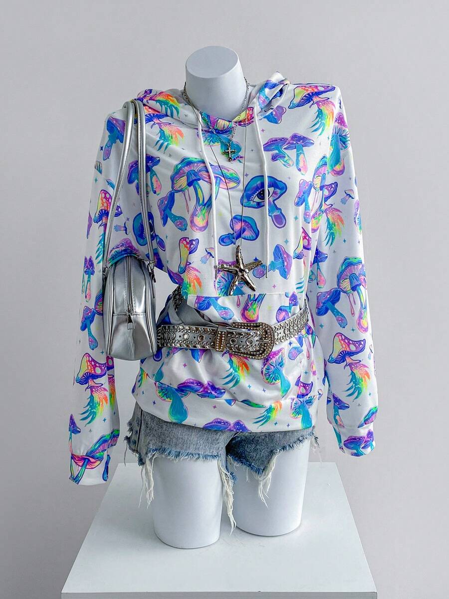 SHEIN Unity Sudadera con capucha de hombros caídos y cordón sin cinturón con estampado total - Blanco - Ver 1