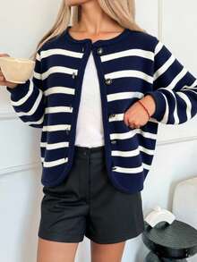 DAZY Áo khoác cardigan cổ tròn kẻ sọc Colorblock thường ngày cho nữ, mùa thu - Màu xanh hải quân - Xem 3