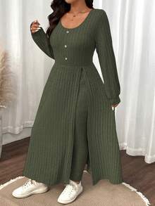 SHEIN LUNE Plus Size Women Solid Color Fuzzy Ribbed Minimalist Casual Autumn/Winter Top And Slim Fit Pants Set - Army Green - View 6