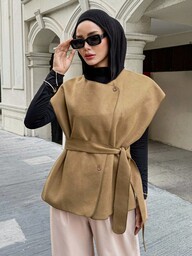 Joudiya Women's Solid Color Waist Belt Design Business Casual Jacket, Autumn/Winter Women Coats Modest Fashion