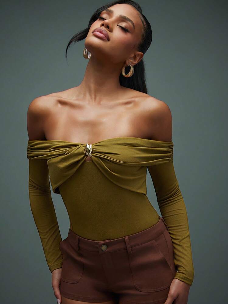 Hauture Women's Twist Off-Shoulder Long Sleeve Top With Metallic Decor - Yellow - View 1