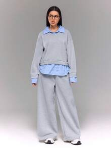 SHEIN 秋冬青少年卫衣拼布条纹梭织面料二合一上衣+裤子套装，设计。卫衣+梭织面料拼布打造层次感，经典条纹图案吸睛，二合一款式易穿百搭，舒适亲肤，适合春秋季日常穿着。 - 灰色 - 查看 5