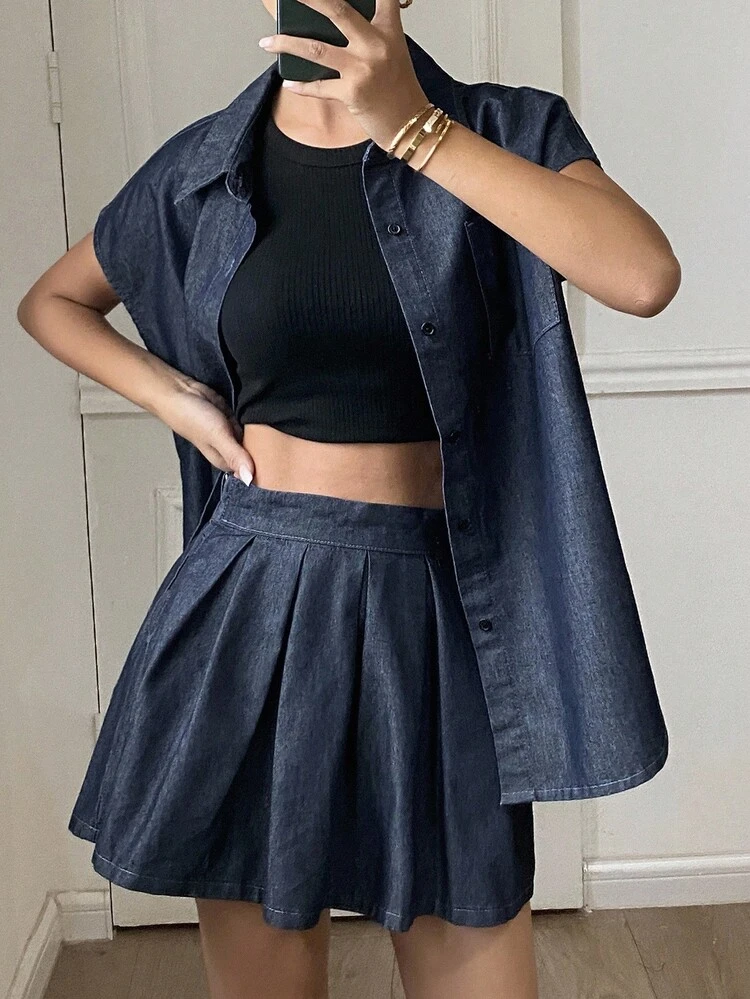 Women's Summer Collared Sleeveless Shirt And Mini Pleated Skirt Casual Denim Outfit