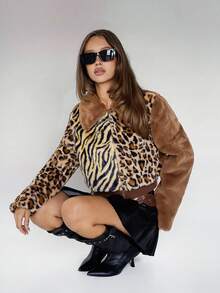 SHEIN ICON 女式豹纹拼布仿毛领短款夹克，秋冬 - 棕色 - 查看 7