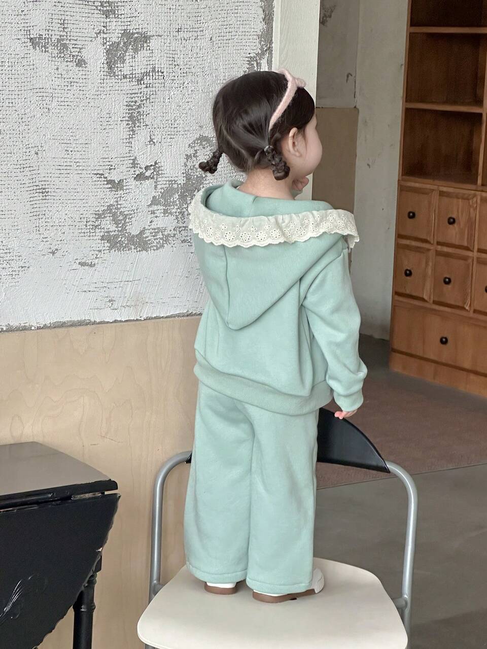 2pcs Baby Girls Lace Patchwork Solid Color Casual Loose Jacket And Pants Set Toddler Girls Clothes