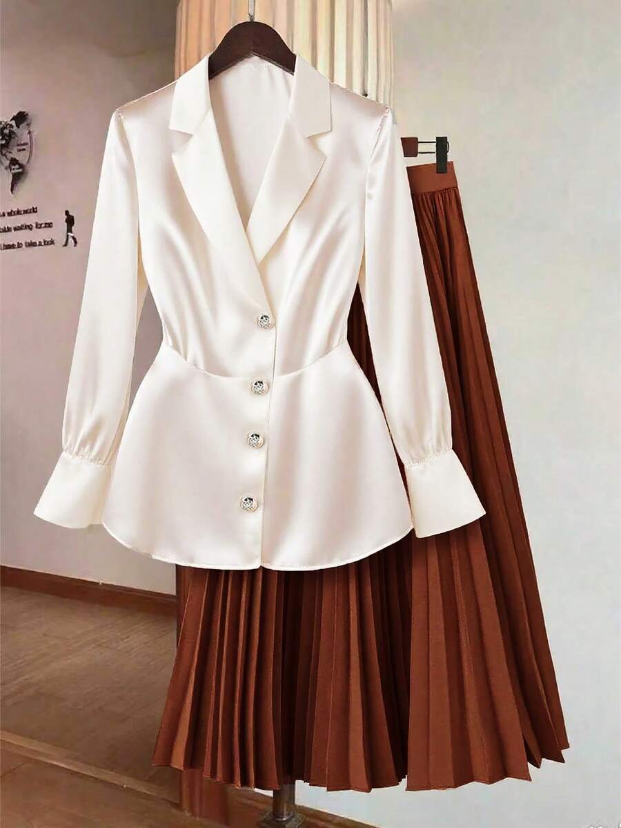 SHEIN Clasi 女款秋冬法式緞面翻領上衣與高腰百褶裙兩件套,優雅通勤套裝 - 彩色 - 查看 1