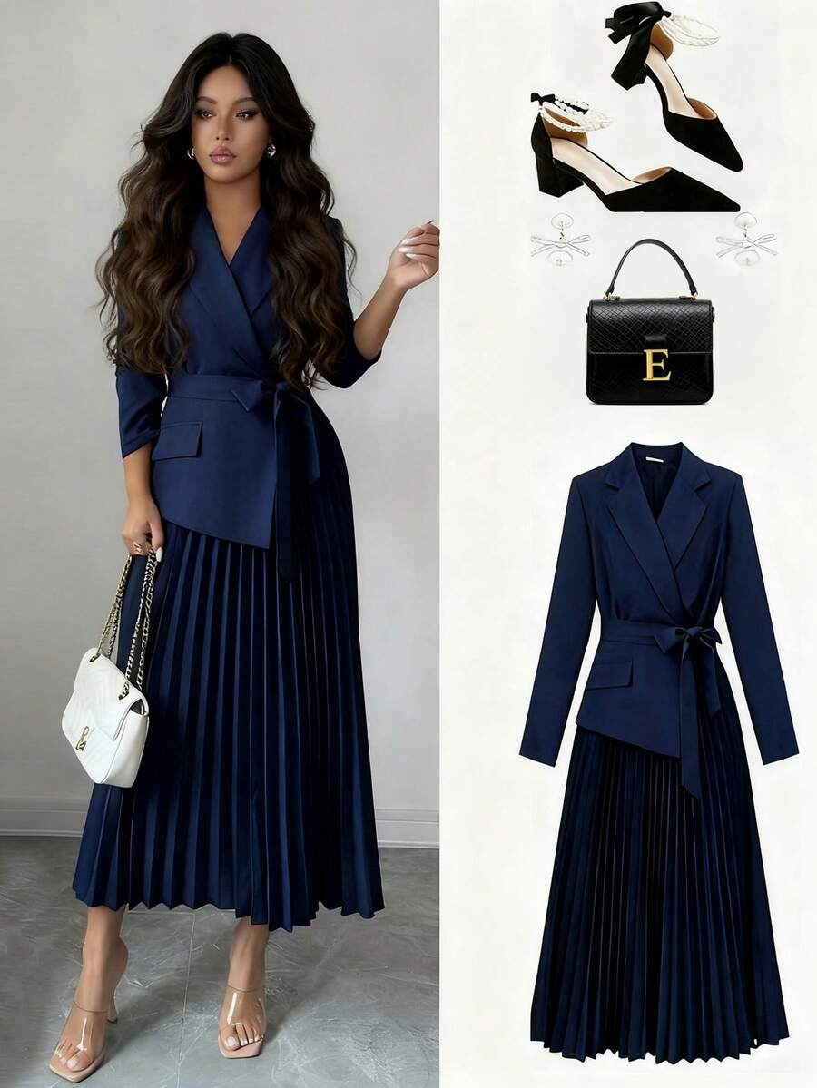 Rafferiza Đầm công sở thanh lịch, đa năng, thoải mái với cổ áo kiểu vest ghép mảnh, tay dài, thiết kế 2 trong 1, đầm xếp ly thắt eo, đầm dài ngang gối mùa thu đông dành cho nữ, đầm dự tiệc, đầm dự tiệc thanh lịch, đầm mùa đông, đầm dạ hội sang trọng, đầm màu xanh navy, trang phục thanh lịch, bộ vest thanh lịch, trang phục thời trang và sang trọng cho Lễ Tạ ơn, trang phục năm mới, đầm dự tiệc thanh lịch dành cho nữ. - Màu xanh hải quân - Xem 1