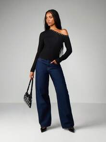 MISSGUIDED Blusa de punto acanalado con detalle de ojal y hombros descubiertos, para otoño e invierno - Negro - Ver 3