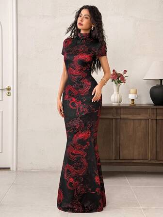 EastFlair Elegant draketryckt klänning med fisksvanskant för kvinnor, sommarlånga damklänningar Asiatisk klänning Cheongsam-klänning Qipao-klänning